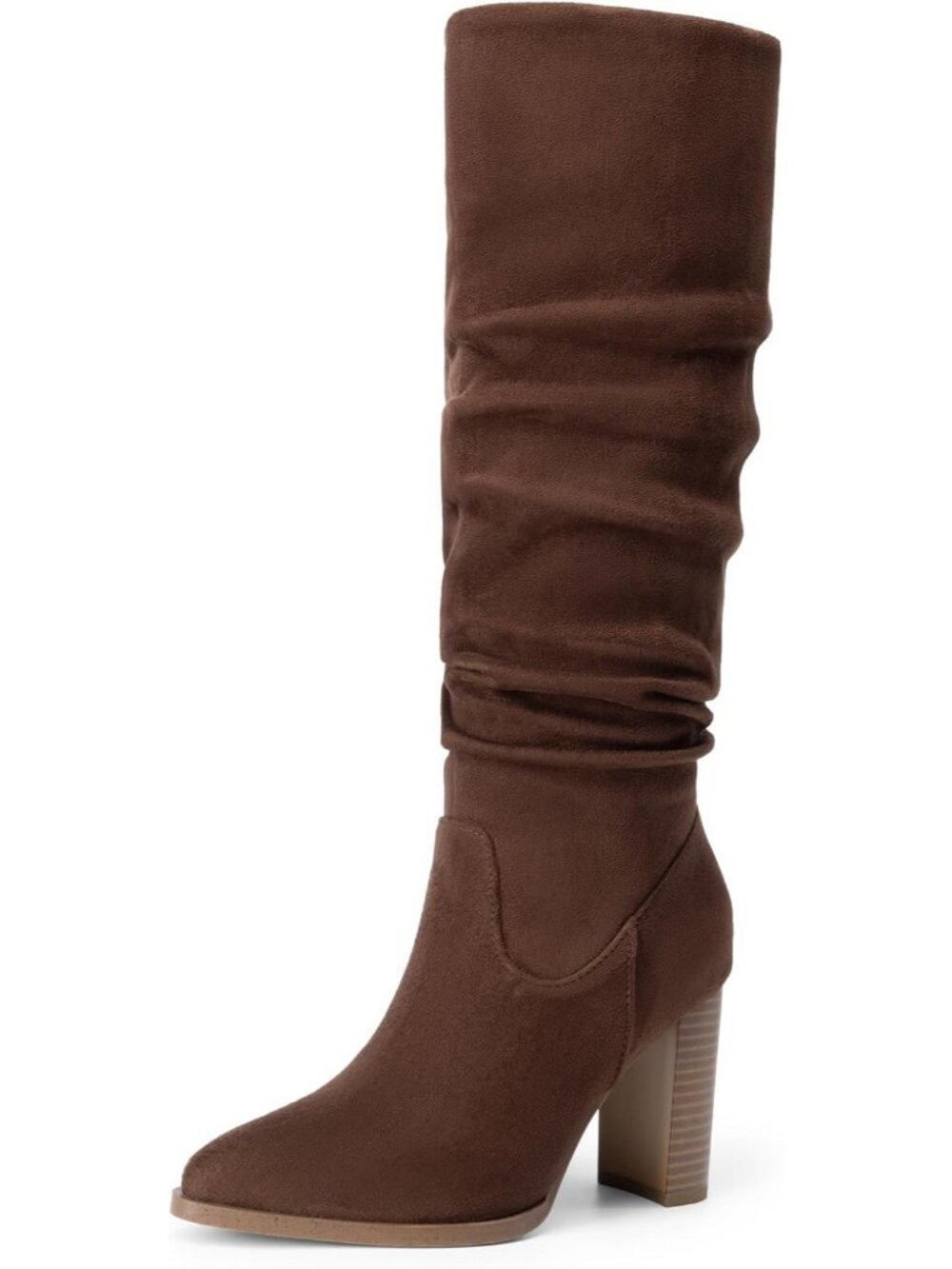 Women's Dark Brown Faux Suede High Chunky Heel Pointed Toe Knee High Boots